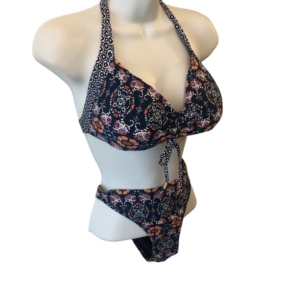 Helen Jon Grace Bay Classic Hipster Bikini Sz M Navy Floral Swimsuit Beach Boho - Picture 2 of 8